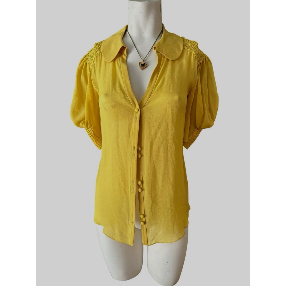 Temperley London silk sheer Yellow  silk‎ ruffle blouse UK 8 Short sleeves